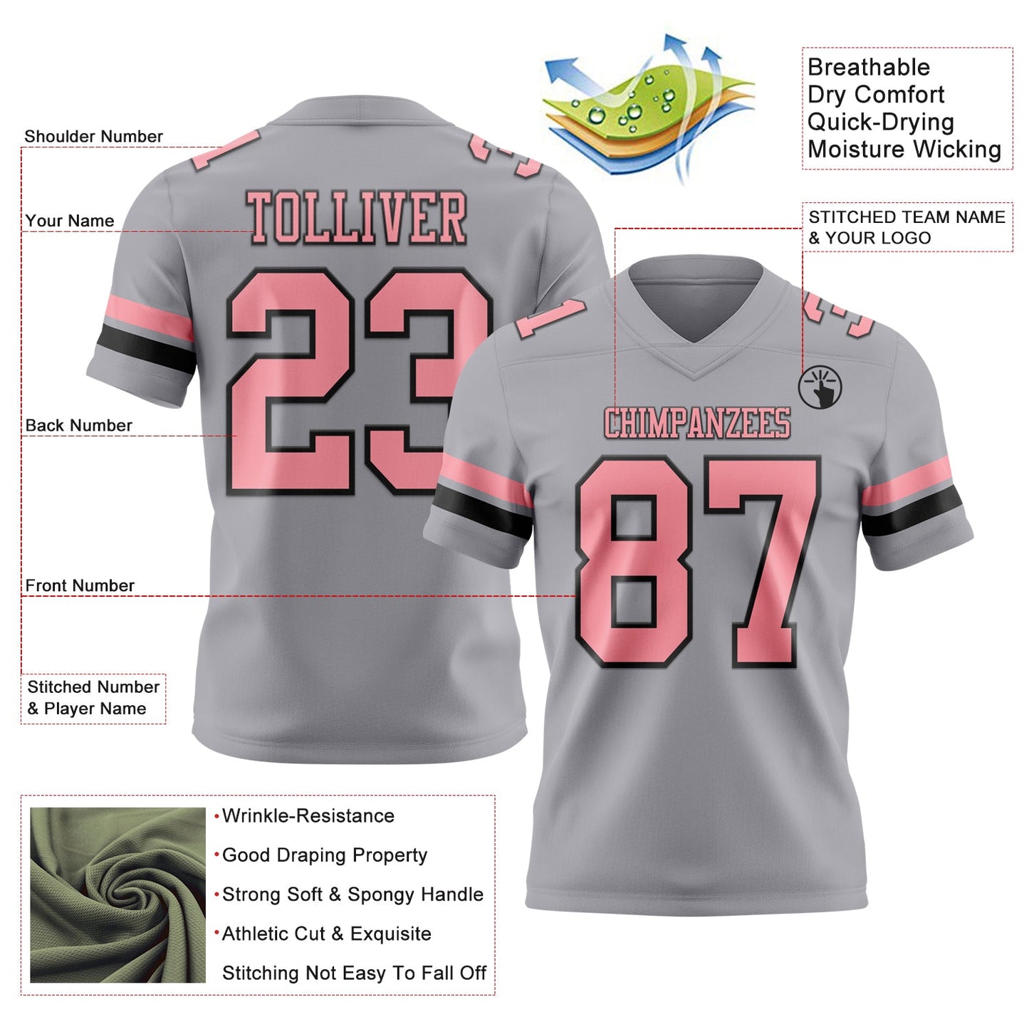 Custom Gray Medium Pink-Black Mesh Authentic Football Jersey
