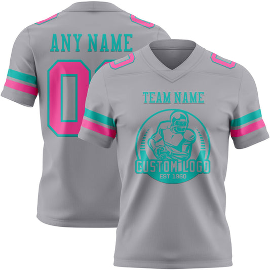 Custom Gray Pink-Aqua Mesh Authentic Football Jersey