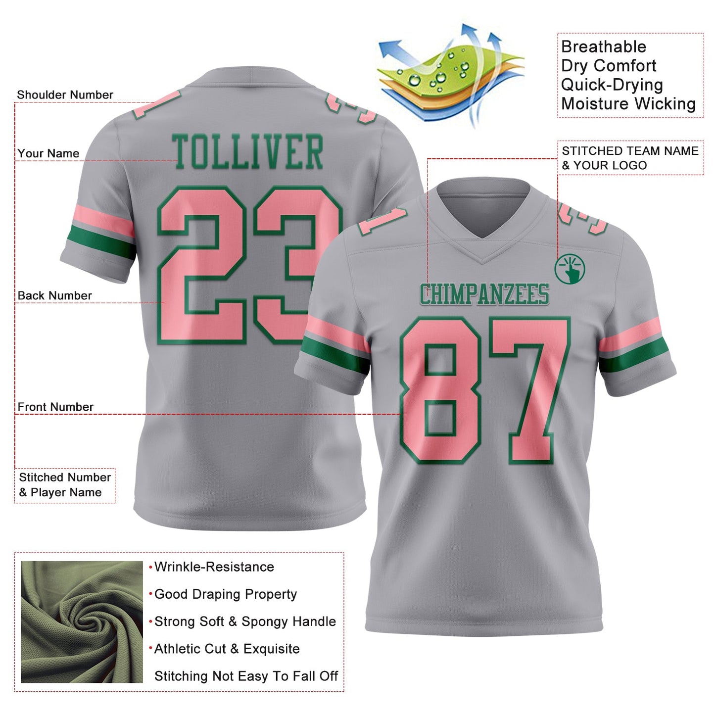 Custom Gray Medium Pink-Kelly Green Mesh Authentic Football Jersey