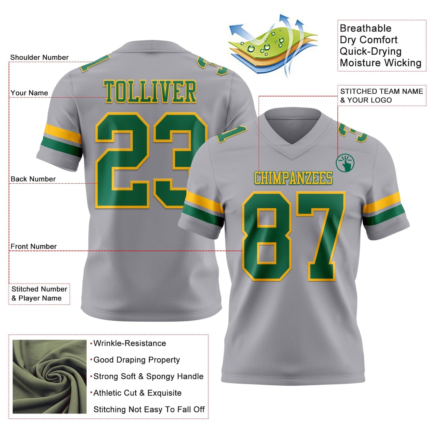 Custom Gray Kelly Green-Gold Mesh Authentic Football Jersey