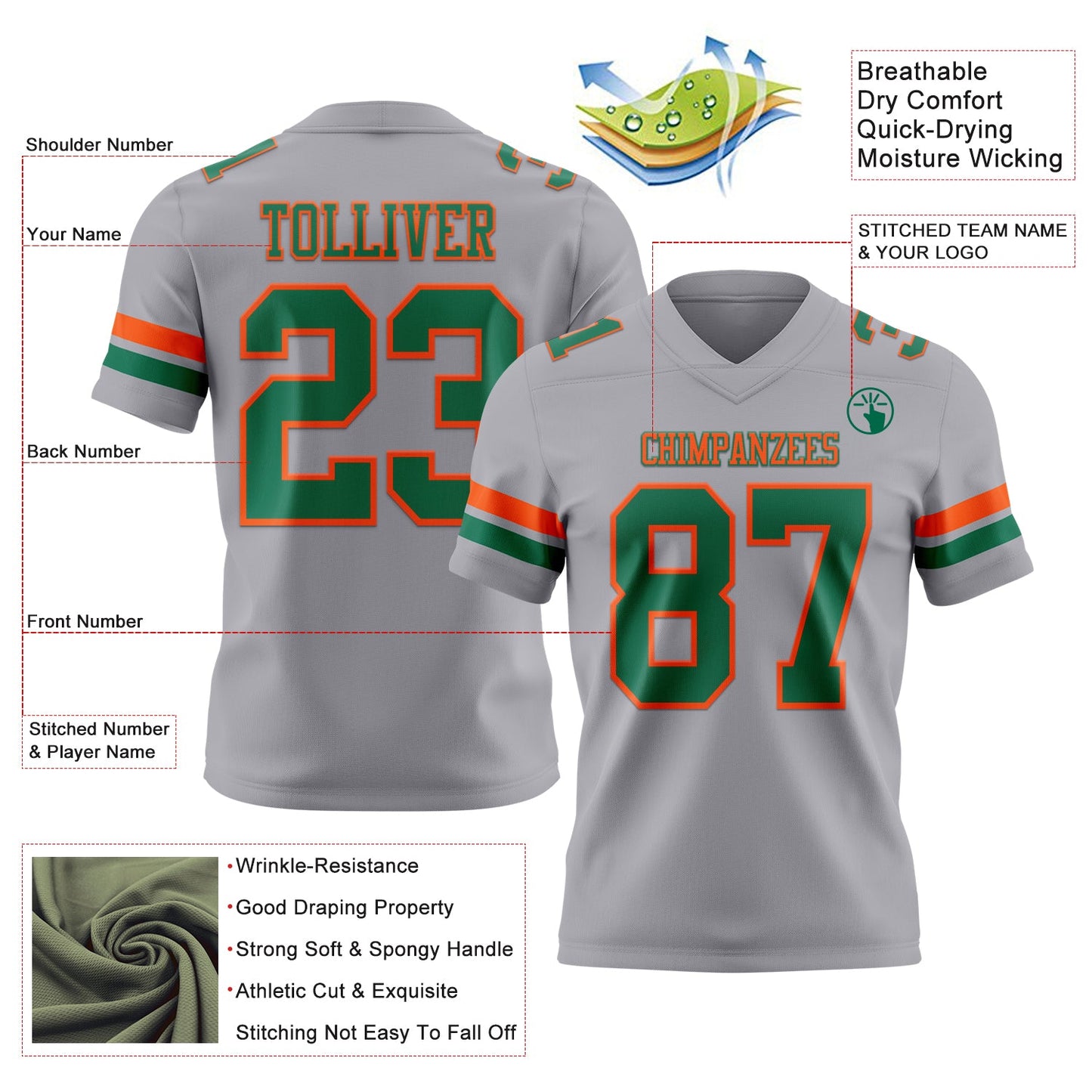 Custom Gray Kelly Green-Orange Mesh Authentic Football Jersey