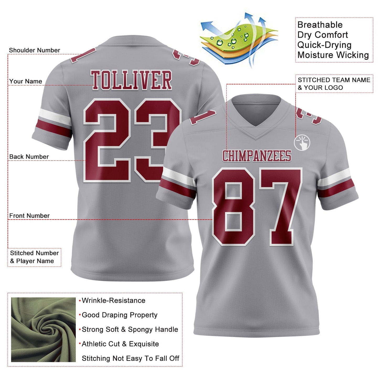 Custom Gray Crimson-White Mesh Authentic Football Jersey