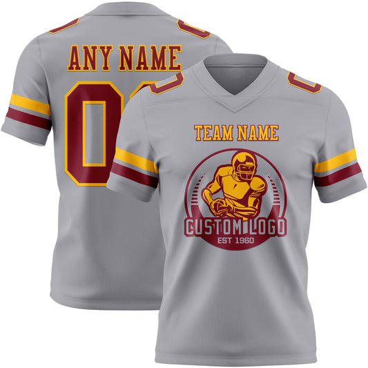 Custom Gray Crimson-Gold Mesh Authentic Football Jersey