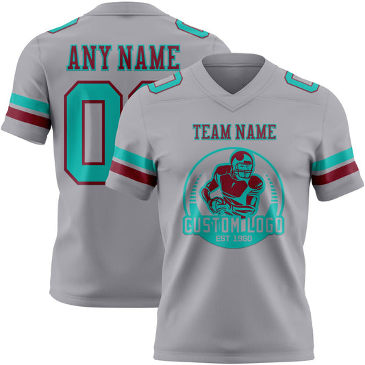 Custom Gray Aqua-Crimson Mesh Authentic Football Jersey