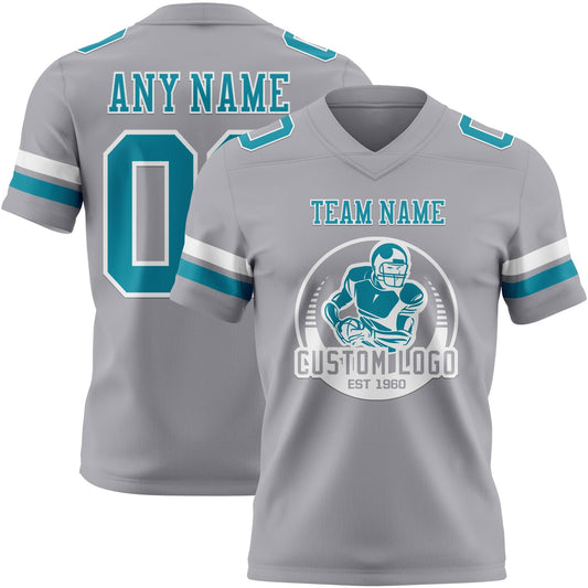 Custom Gray Teal-White Mesh Authentic Football Jersey