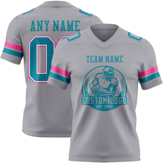 Custom Gray Teal White-Pink Mesh Authentic Football Jersey