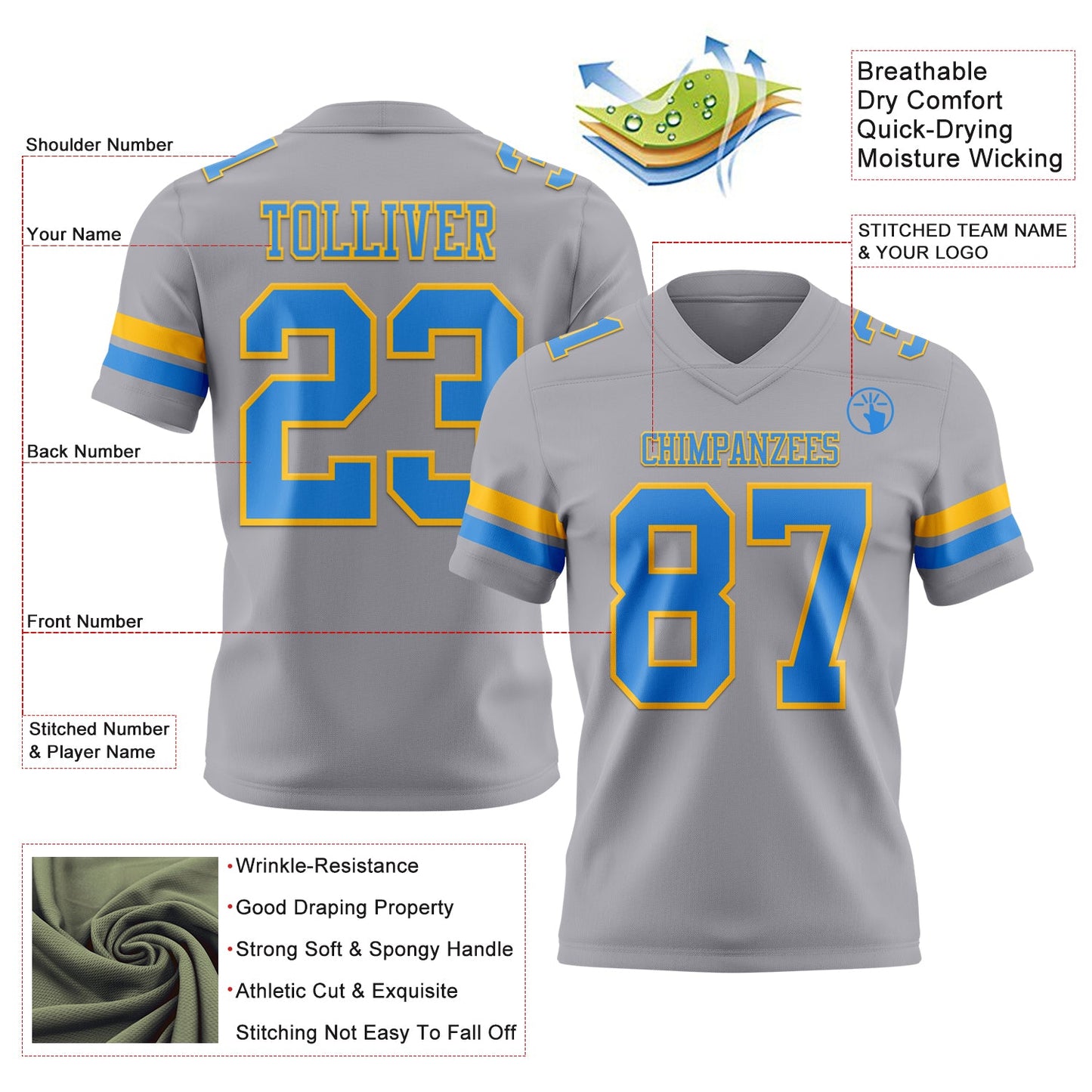 Custom Gray Powder Blue-Gold Mesh Authentic Football Jersey