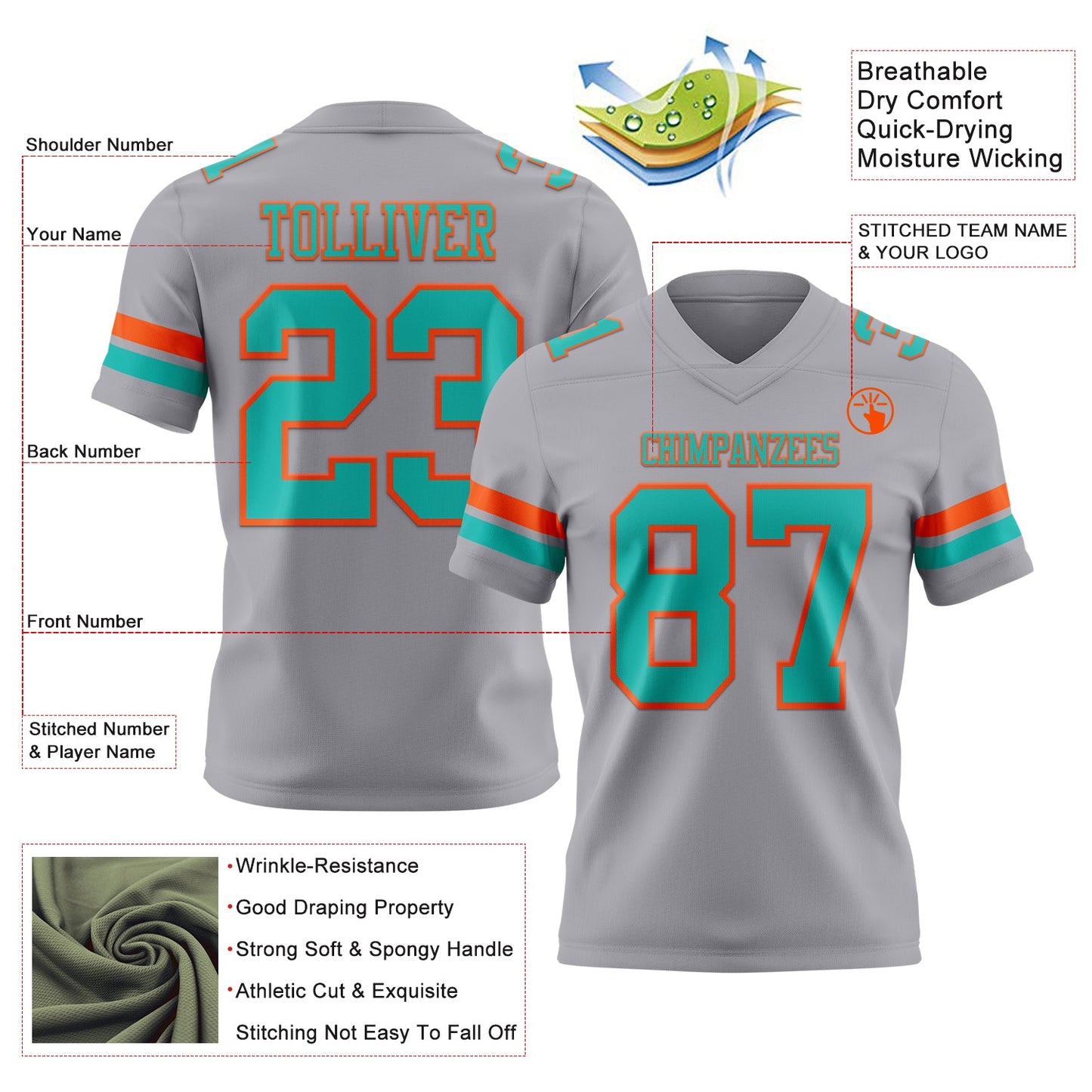Custom Gray Aqua-Orange Mesh Authentic Football Jersey