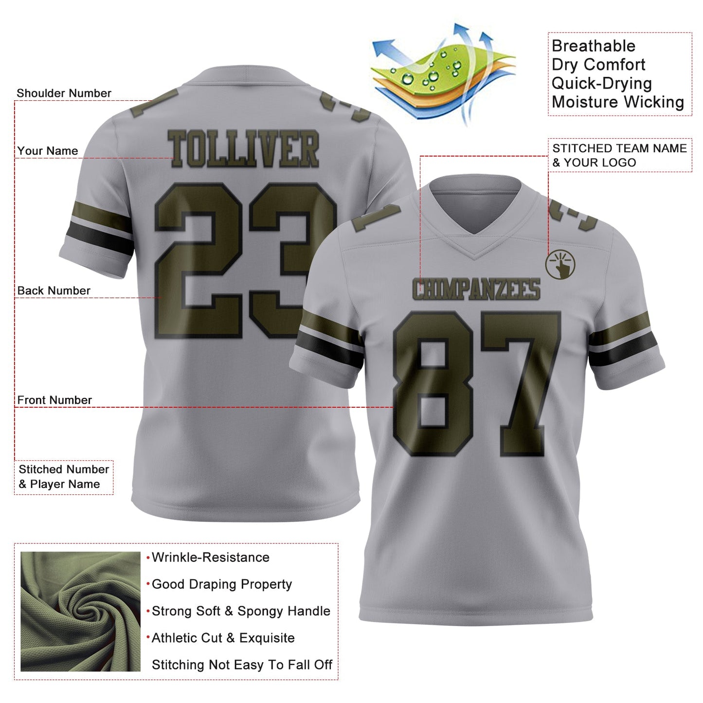 Custom Gray Olive-Black Mesh Authentic Football Jersey
