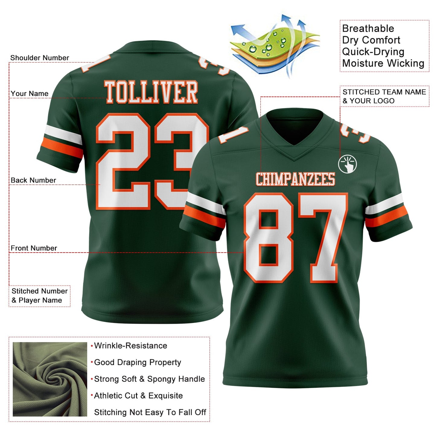 Custom Green White-Orange Mesh Authentic Football Jersey