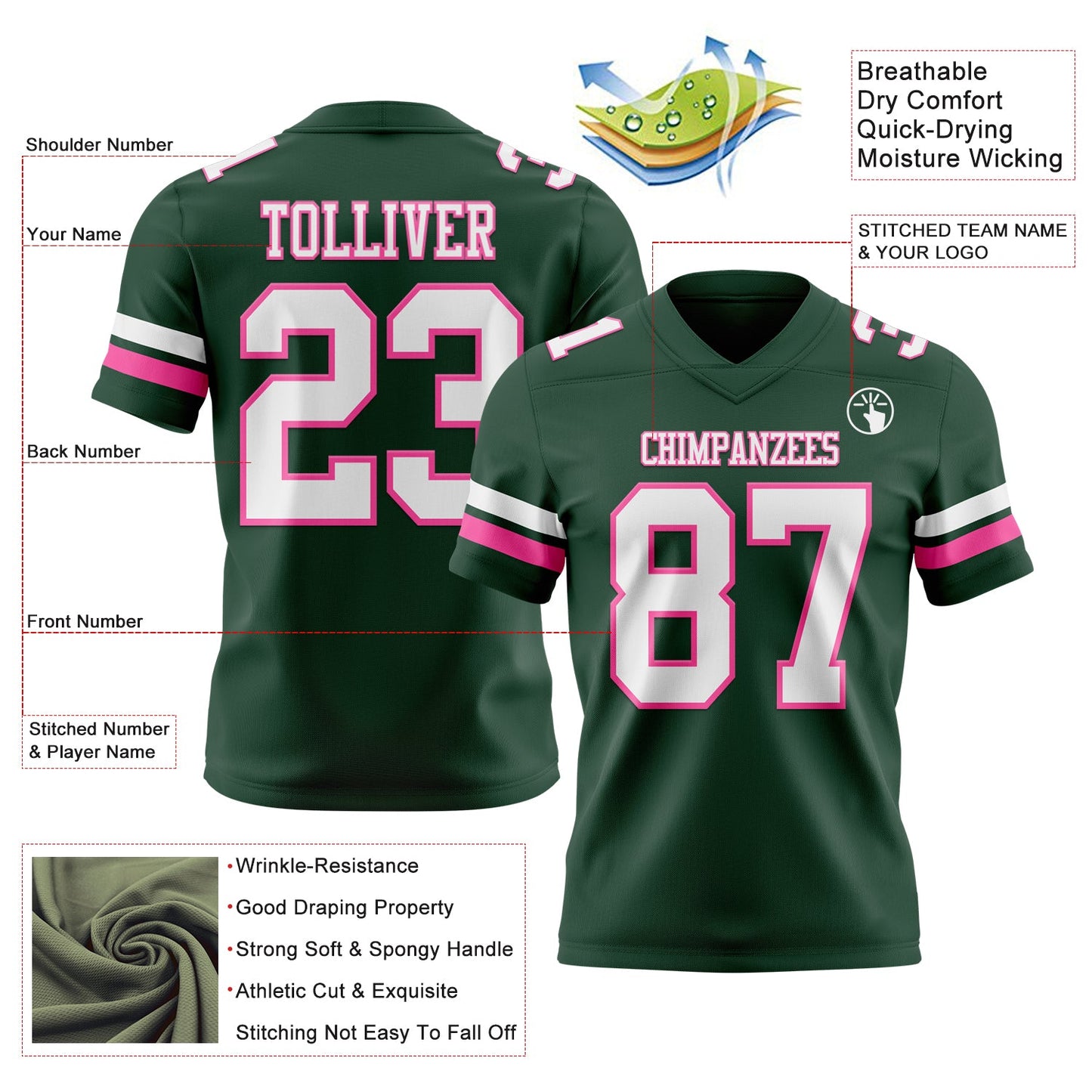 Custom Green White-Pink Mesh Authentic Football Jersey