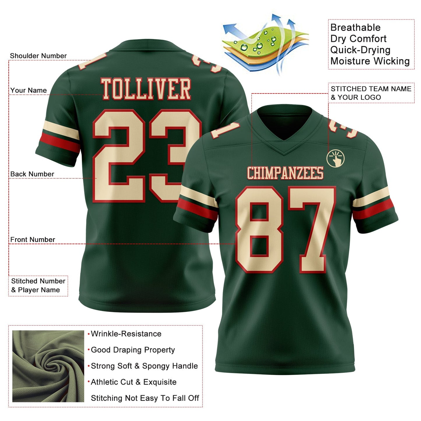 Custom Green Cream-Red Mesh Authentic Football Jersey