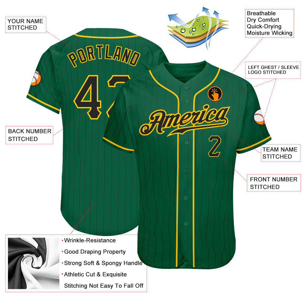 Custom Kelly Green Black Pinstripe Black-Gold Authentic Baseball Jersey