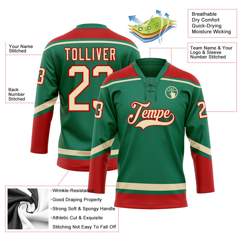 Custom Kelly Green City Cream-Red Hockey Lace Neck Jersey