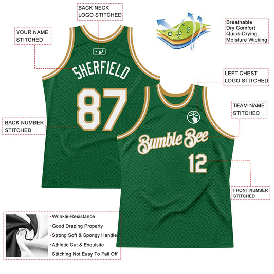 Custom Kelly Green White-Old Gold Authentic Throwback Basketball Jersey