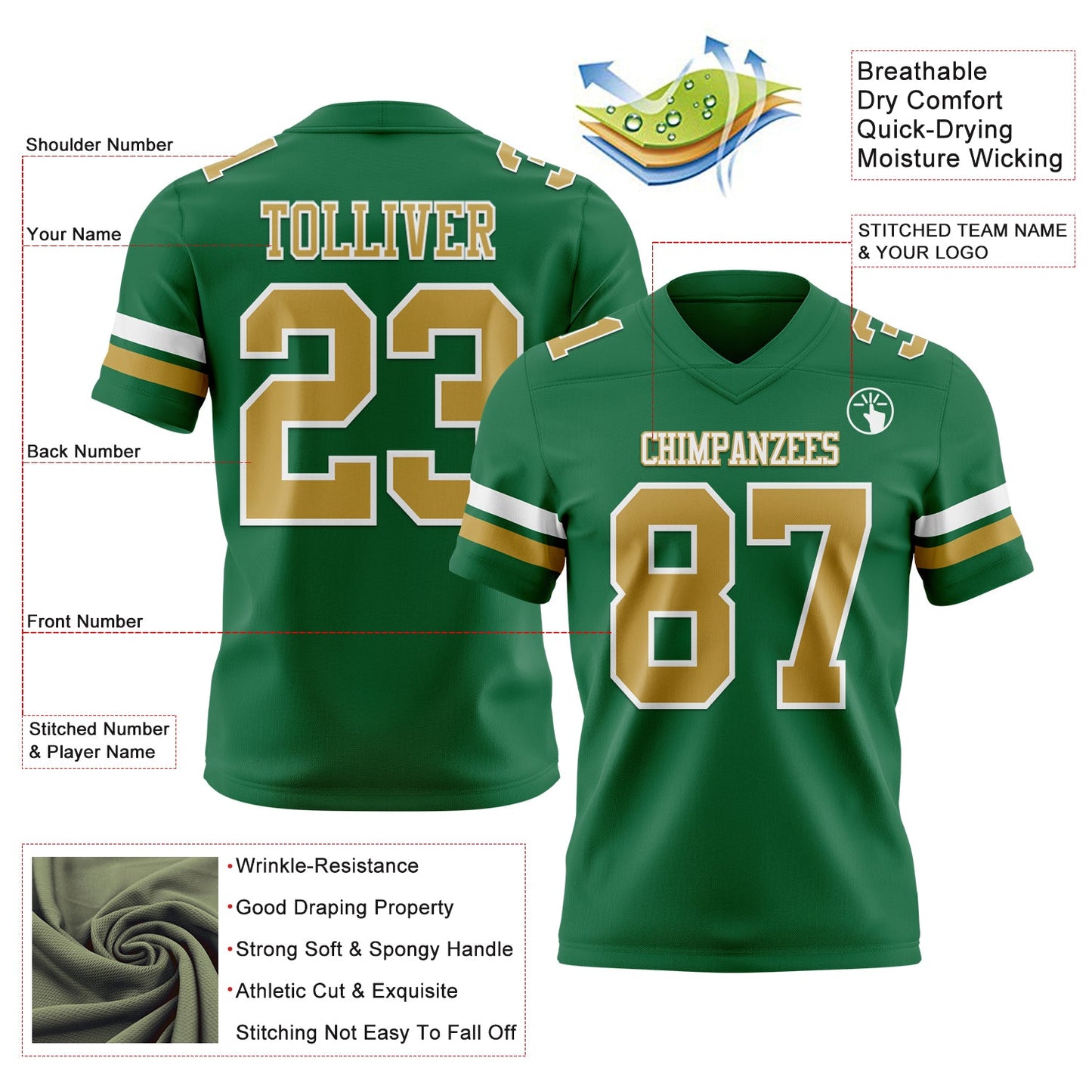 Custom Kelly Green Old Gold-White Mesh Authentic Football Jersey