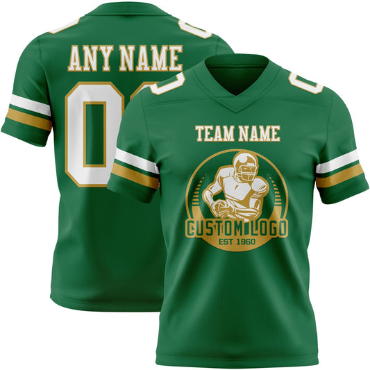 Custom Kelly Green White-Old Gold Mesh Authentic Football Jersey