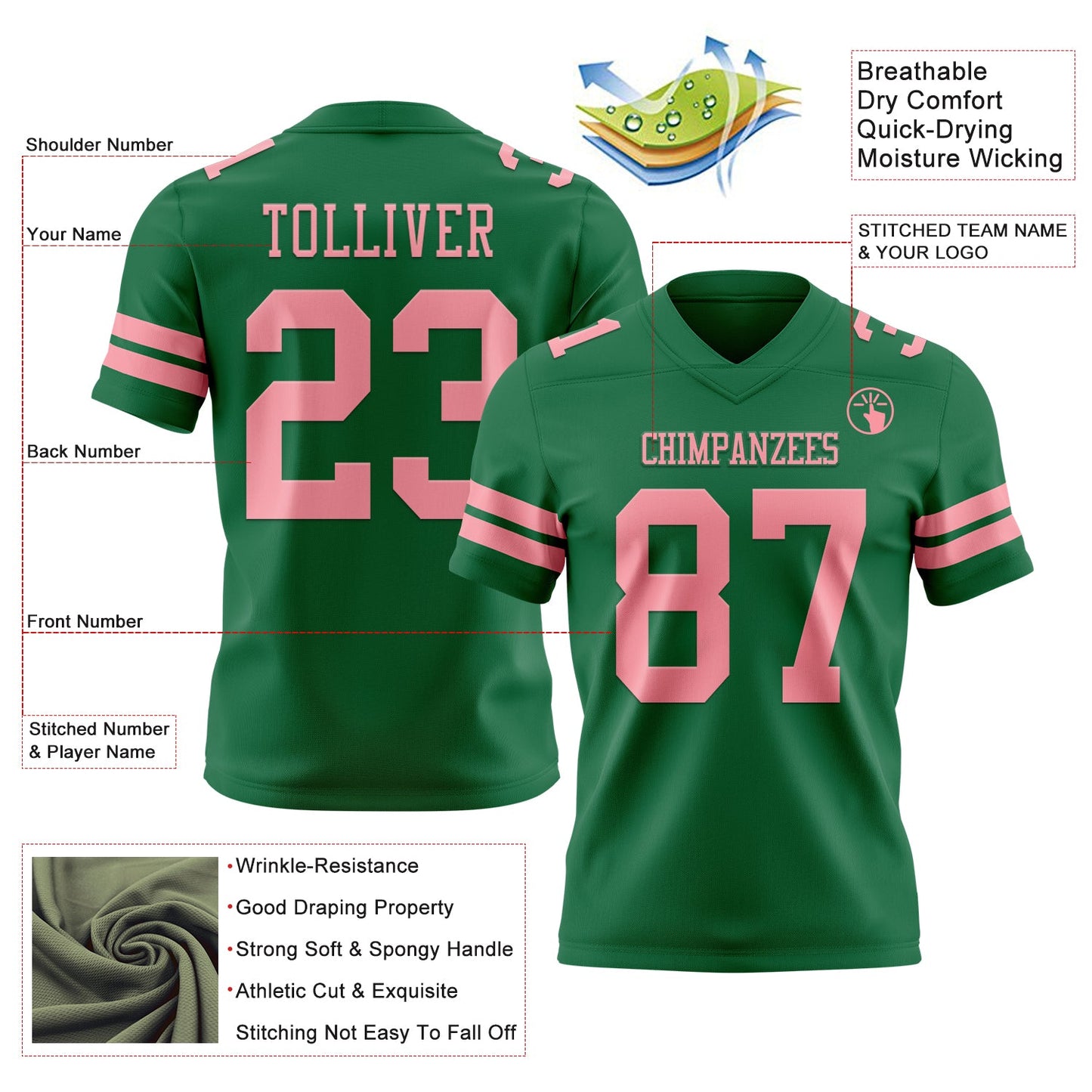 Custom Kelly Green Medium Pink Mesh Authentic Football Jersey