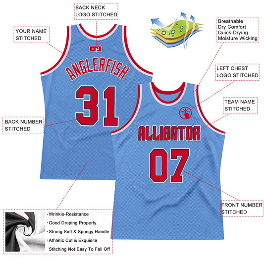 Custom Light Blue Red-Navy Authentic Throwback Basketball Jersey