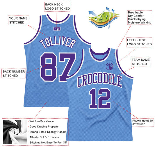 Custom Light Blue Purple-White Authentic Throwback Basketball Jersey