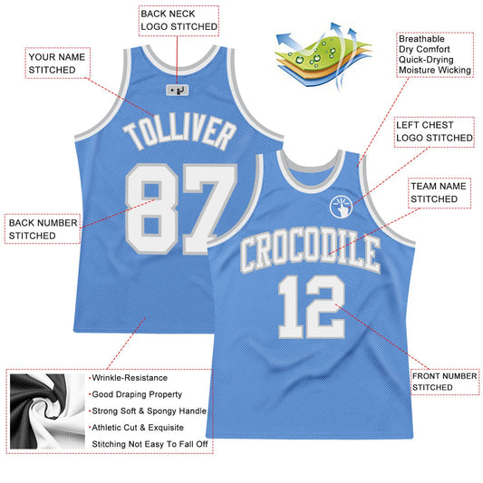 Custom Light Blue White-Gray Authentic Throwback Basketball Jersey