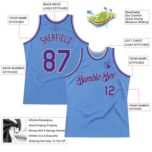 Custom Light Blue Purple-Gray Authentic Throwback Basketball Jersey