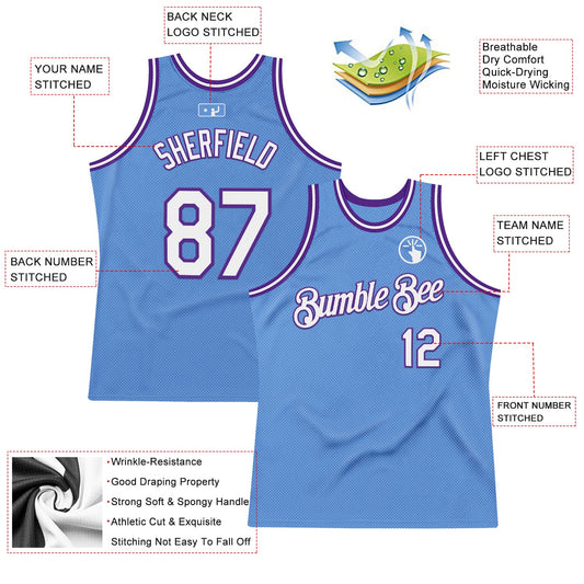 Custom Light Blue White-Purple Authentic Throwback Basketball Jersey