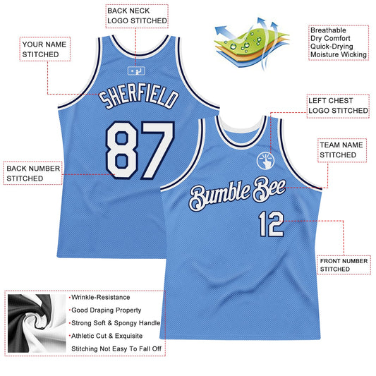 Custom Light Blue White-Navy Authentic Throwback Basketball Jersey