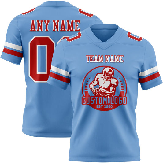 Custom Light Blue Red-White Mesh Authentic Football Jersey