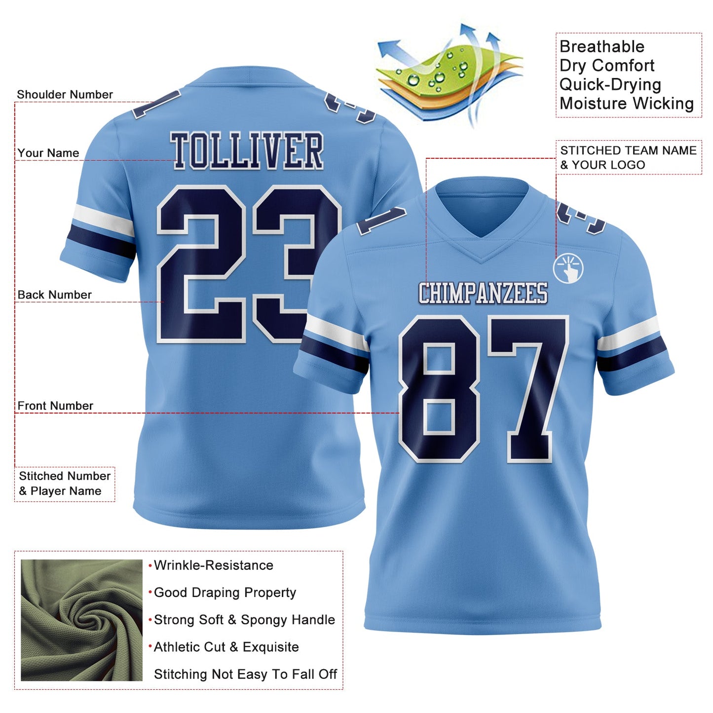 Custom Light Blue Navy-White Mesh Authentic Football Jersey