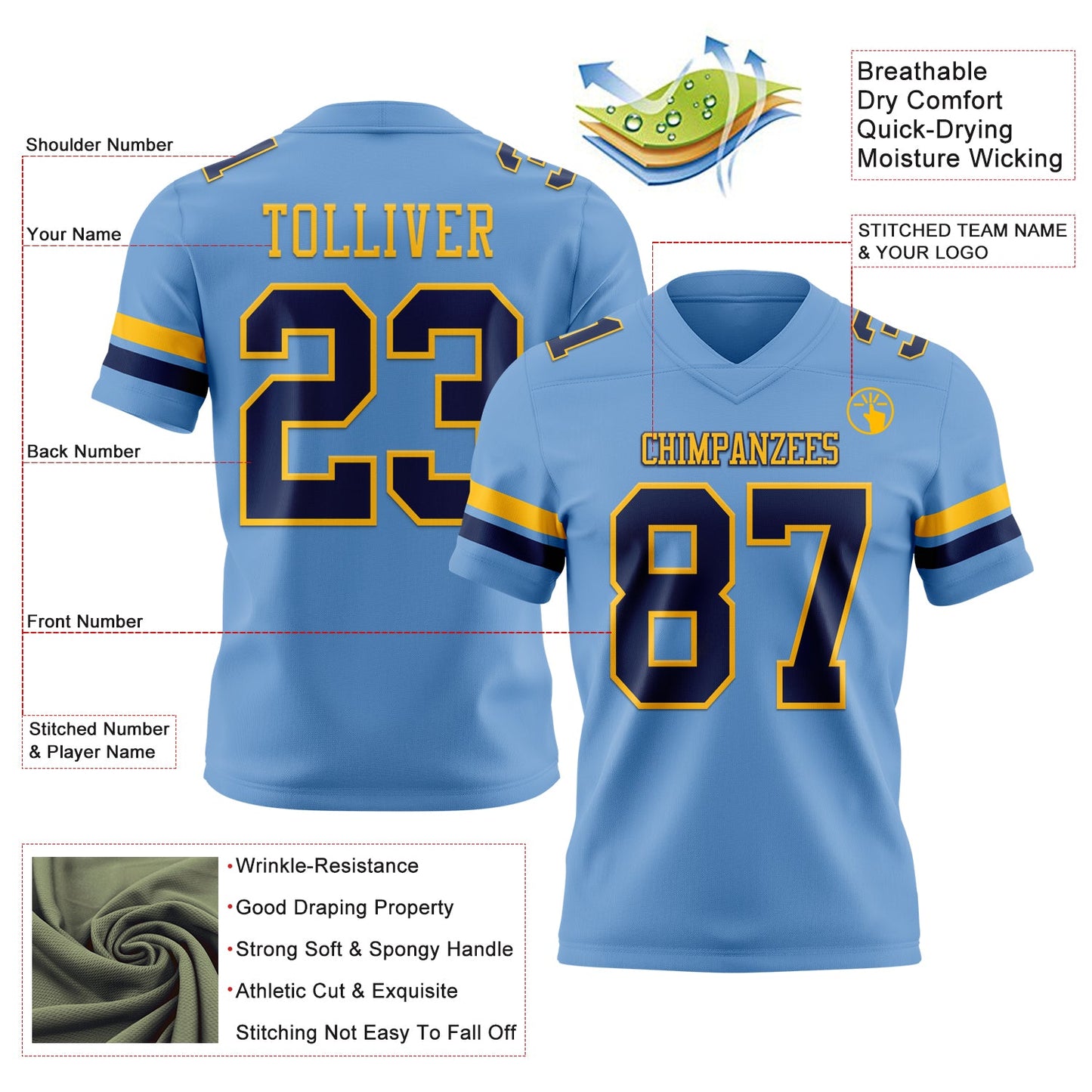 Custom Light Blue Navy-Gold Mesh Authentic Football Jersey