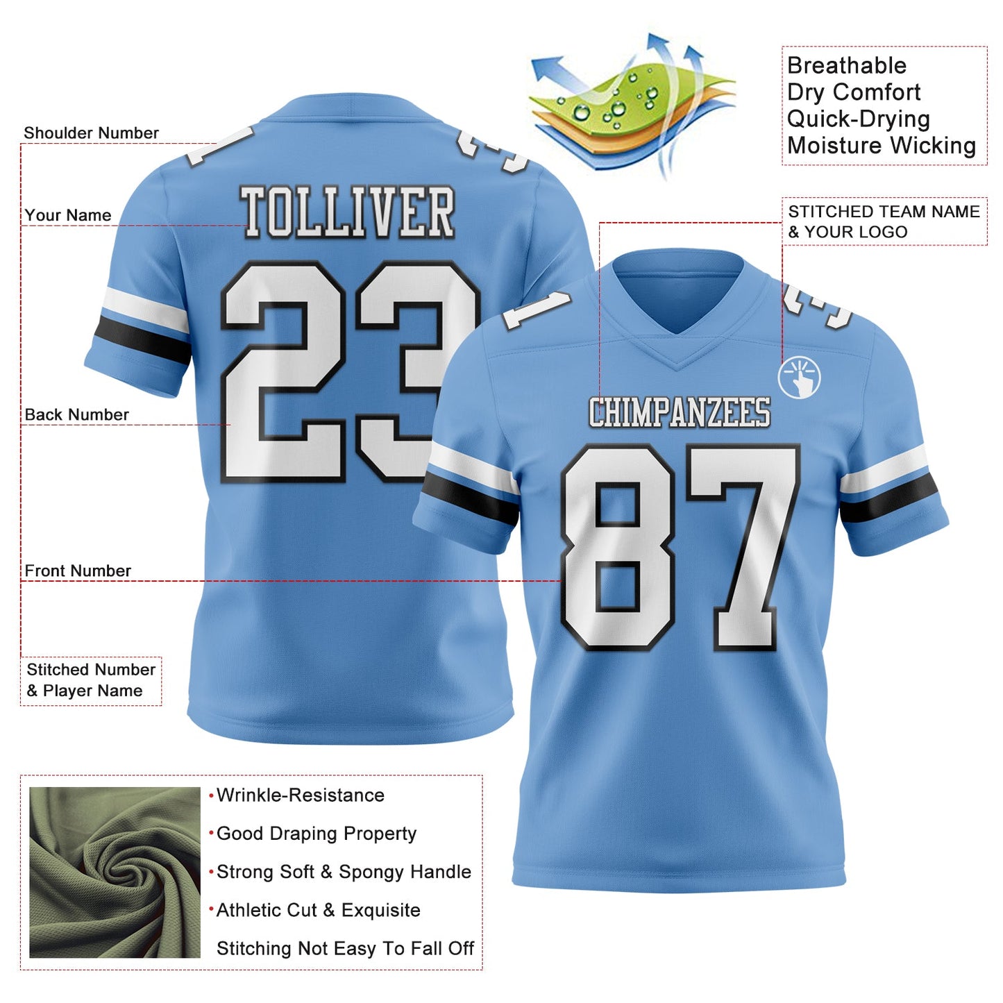 Custom Light Blue White-Black Mesh Authentic Football Jersey