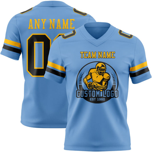Custom Light Blue Black-Gold Mesh Authentic Football Jersey