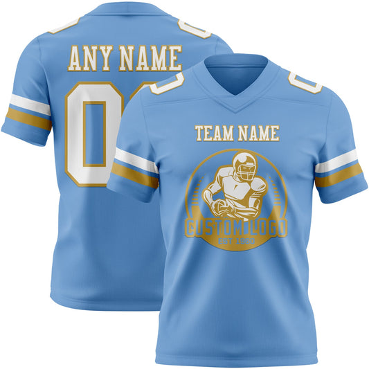 Custom Light Blue White-Old Gold Mesh Authentic Football Jersey