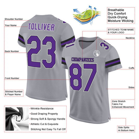 Custom Light Gray Purple-Black Mesh Authentic Football Jersey