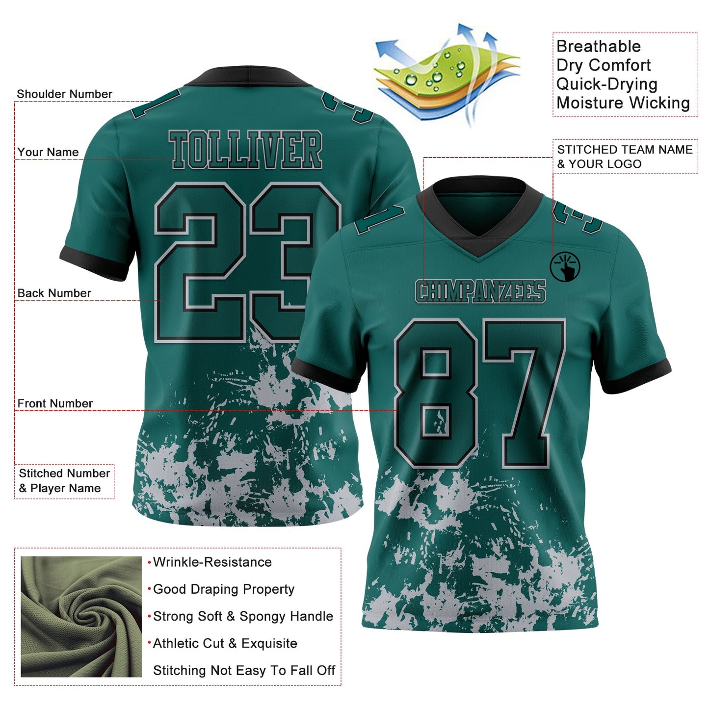 Custom Midnight Green Gray-Black Splash Mesh Authentic Football Jersey
