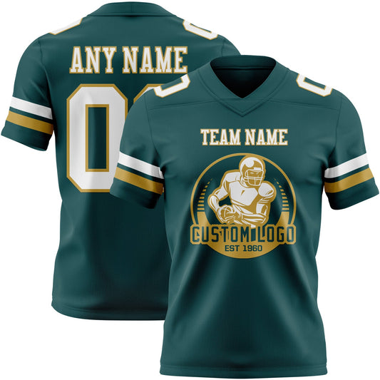Custom Midnight Green White-Old Gold Mesh Authentic Football Jersey