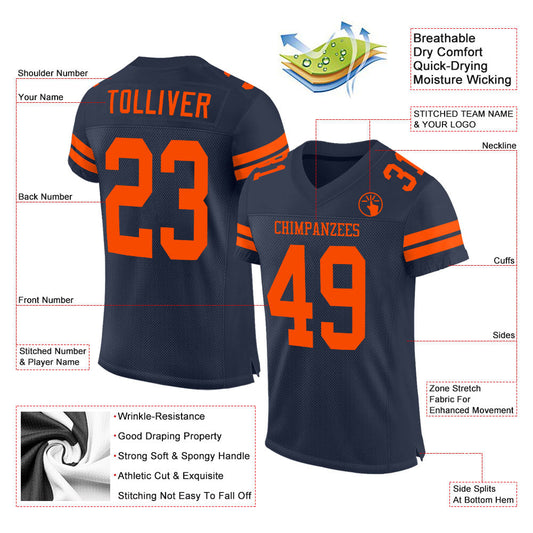 Custom Navy Orange Mesh Authentic Football Jersey