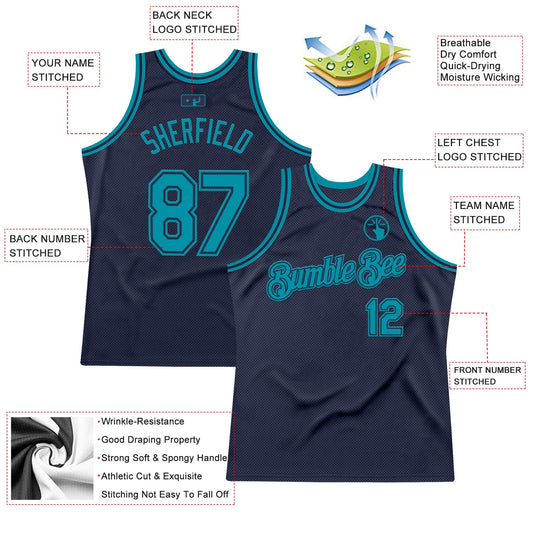 Custom Navy Teal Authentic Throwback Basketball Jersey