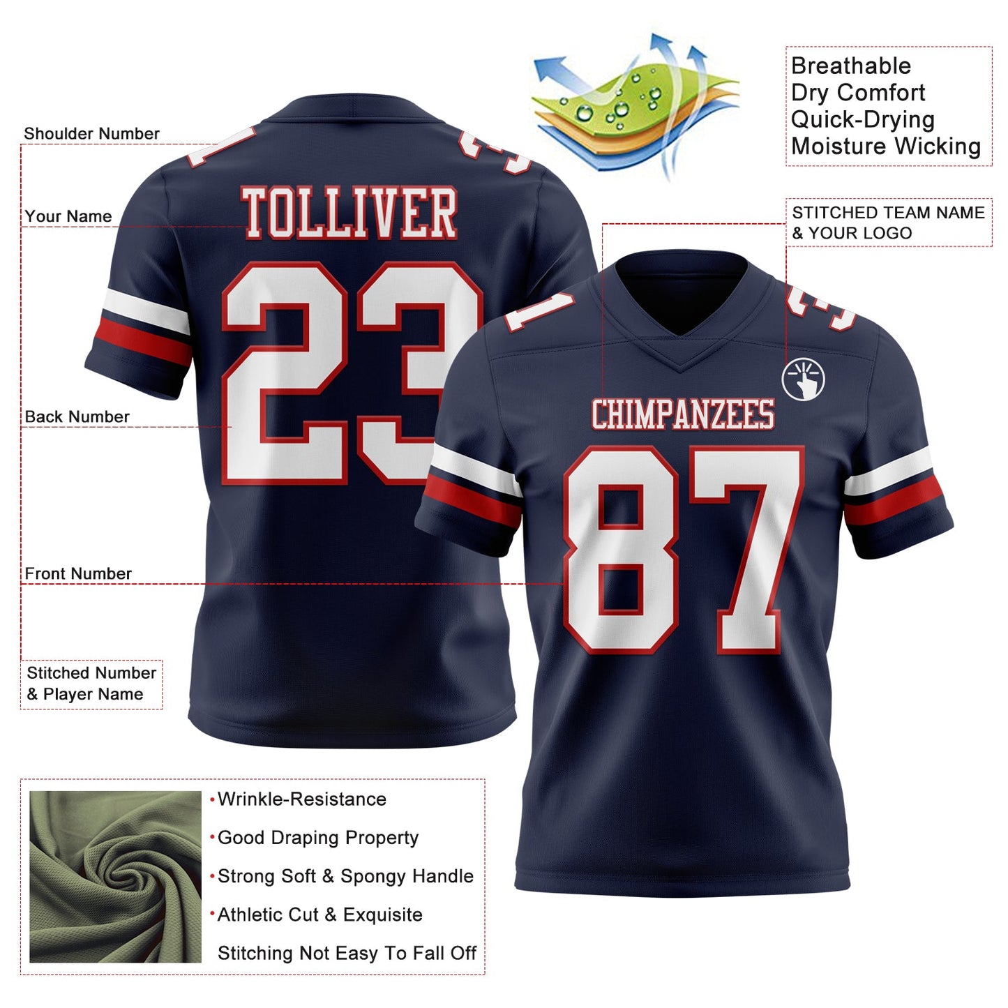 Custom Navy White-Red Mesh Authentic Football Jersey