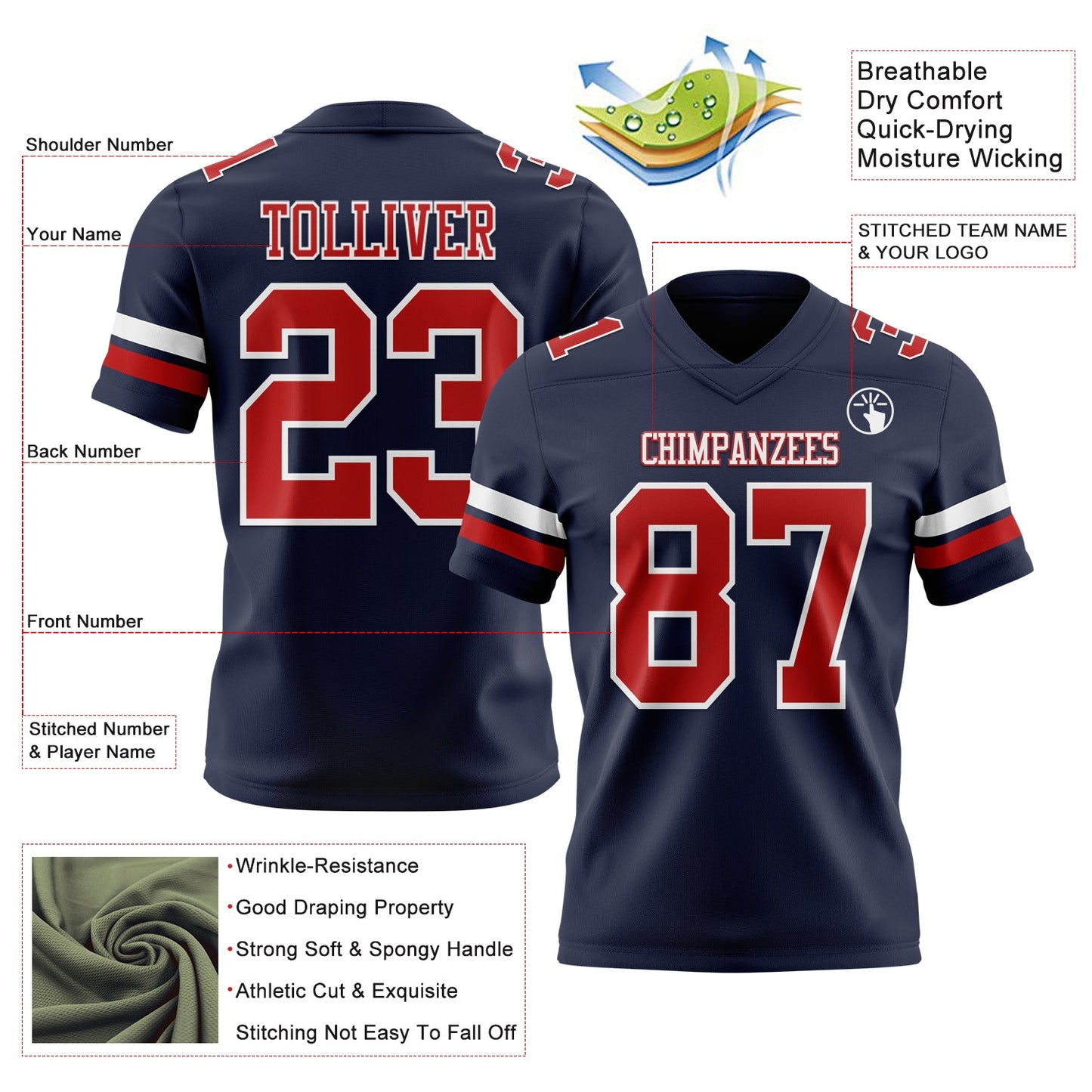 Custom Navy Red-White Mesh Authentic Football Jersey
