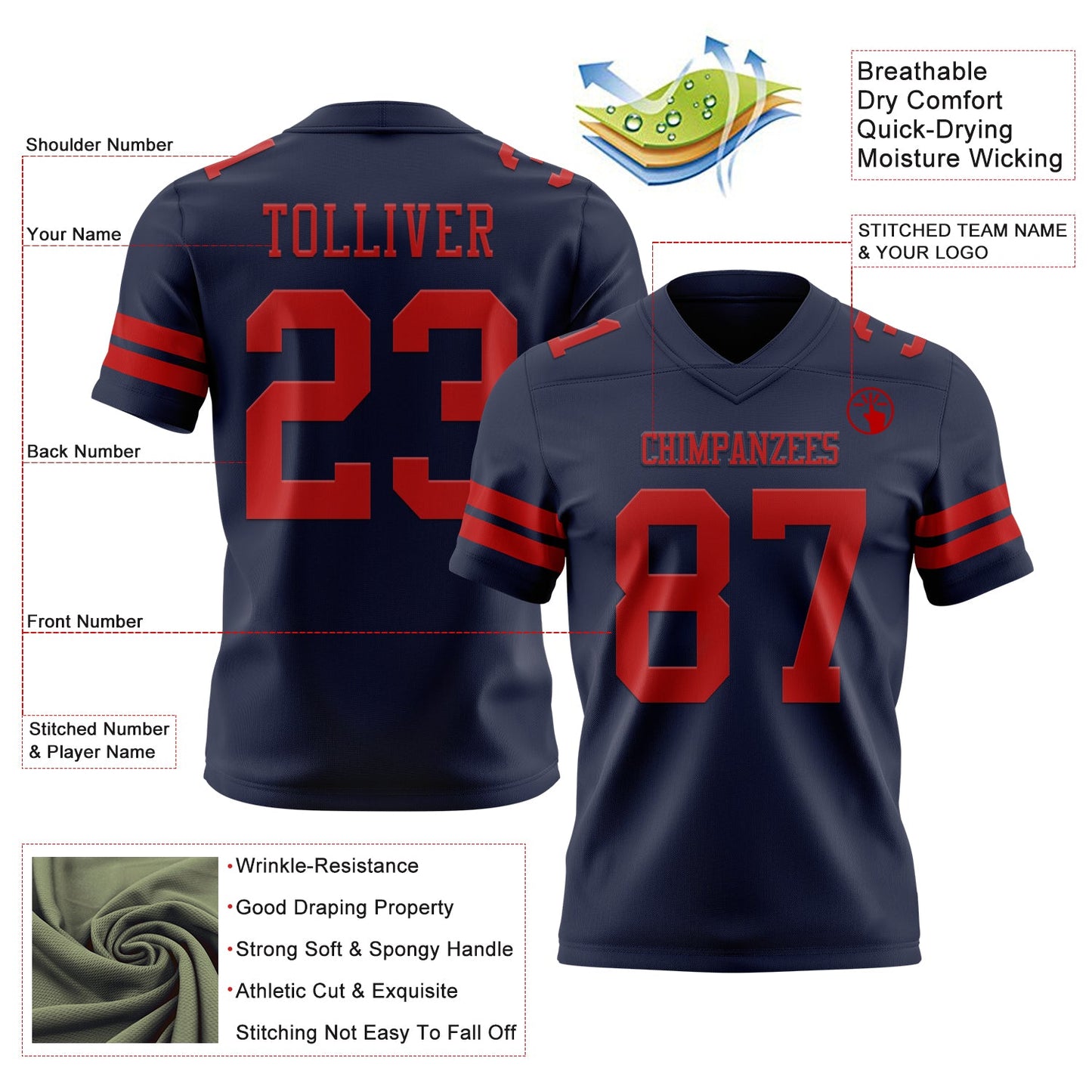 Custom Navy Red Mesh Authentic Football Jersey