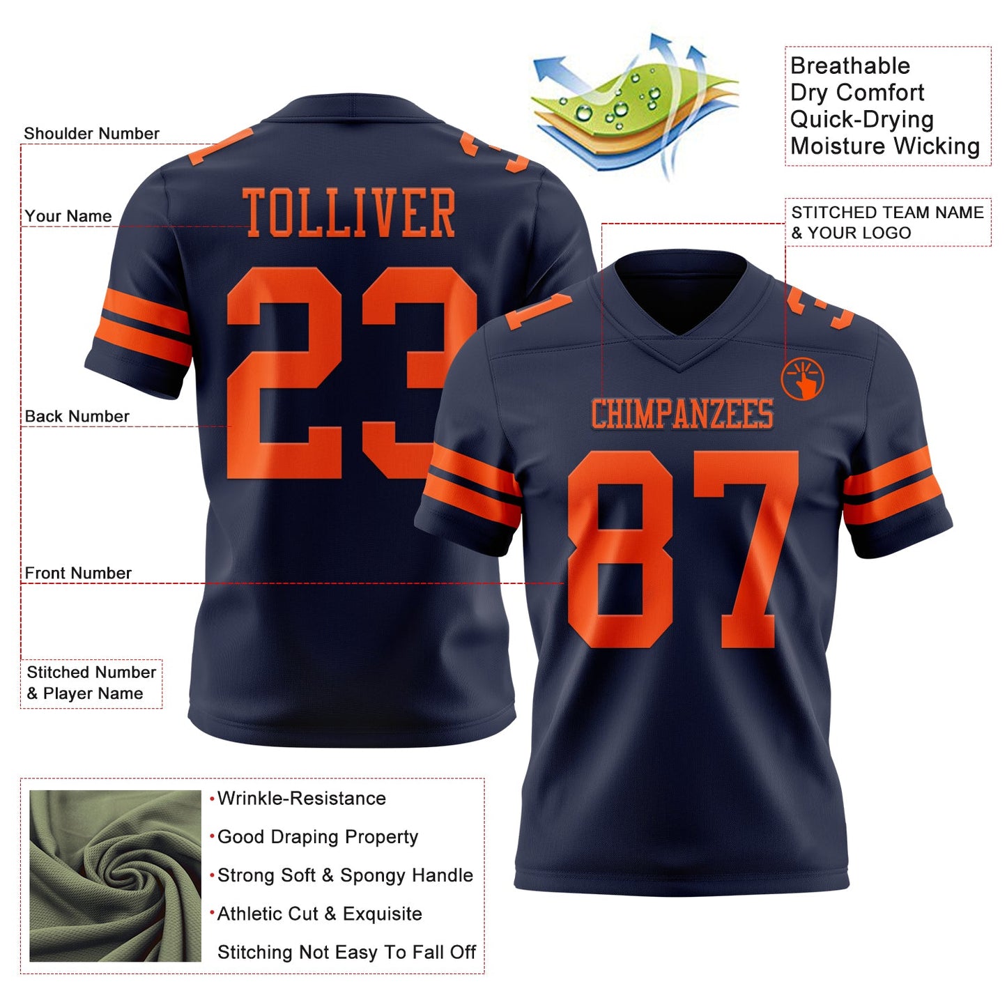 Custom Navy Orange Mesh Authentic Football Jersey