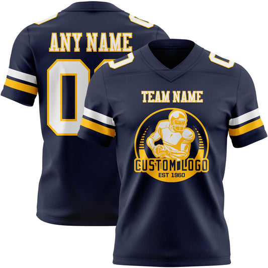 Custom Navy White-Gold Mesh Authentic Football Jersey