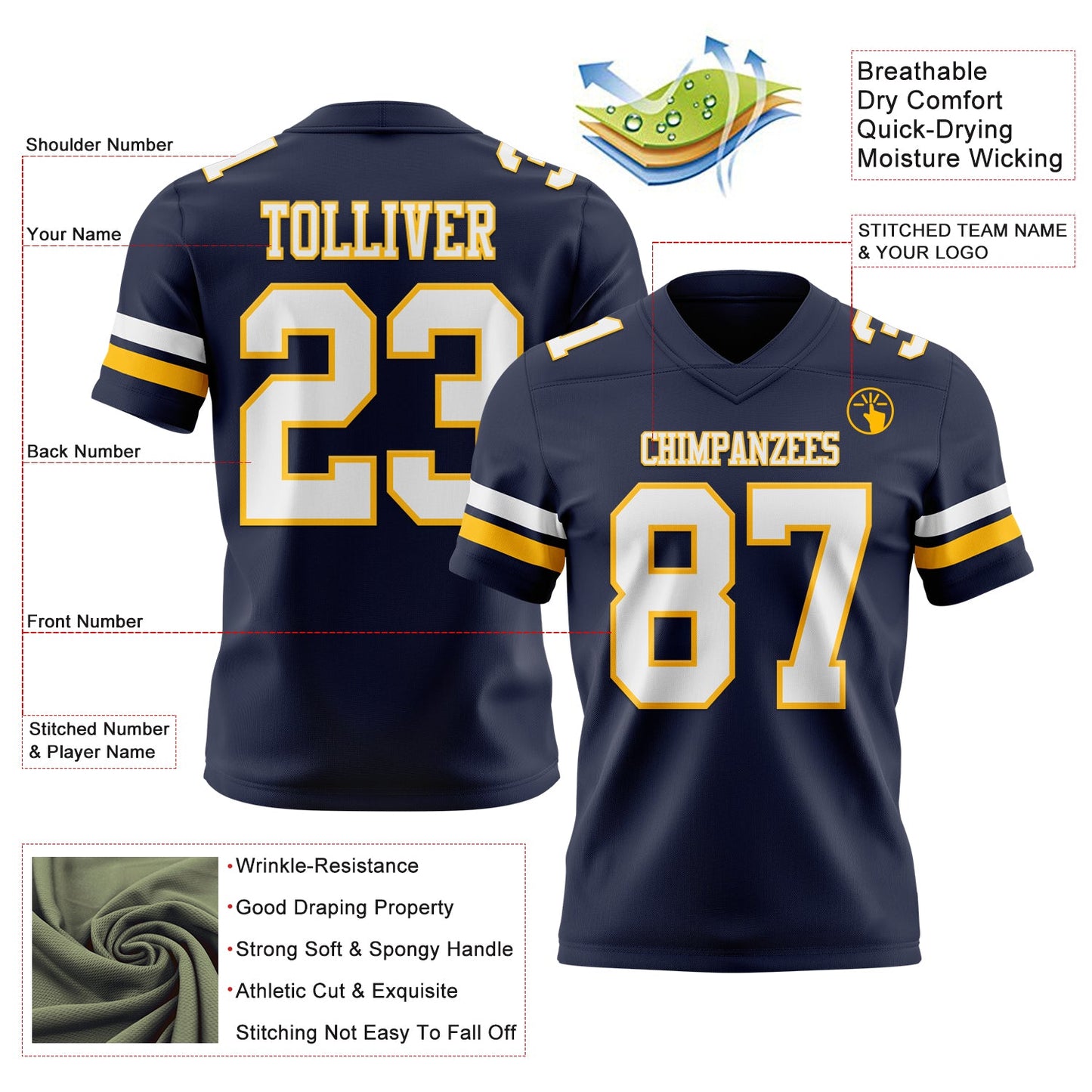 Custom Navy White-Gold Mesh Authentic Football Jersey