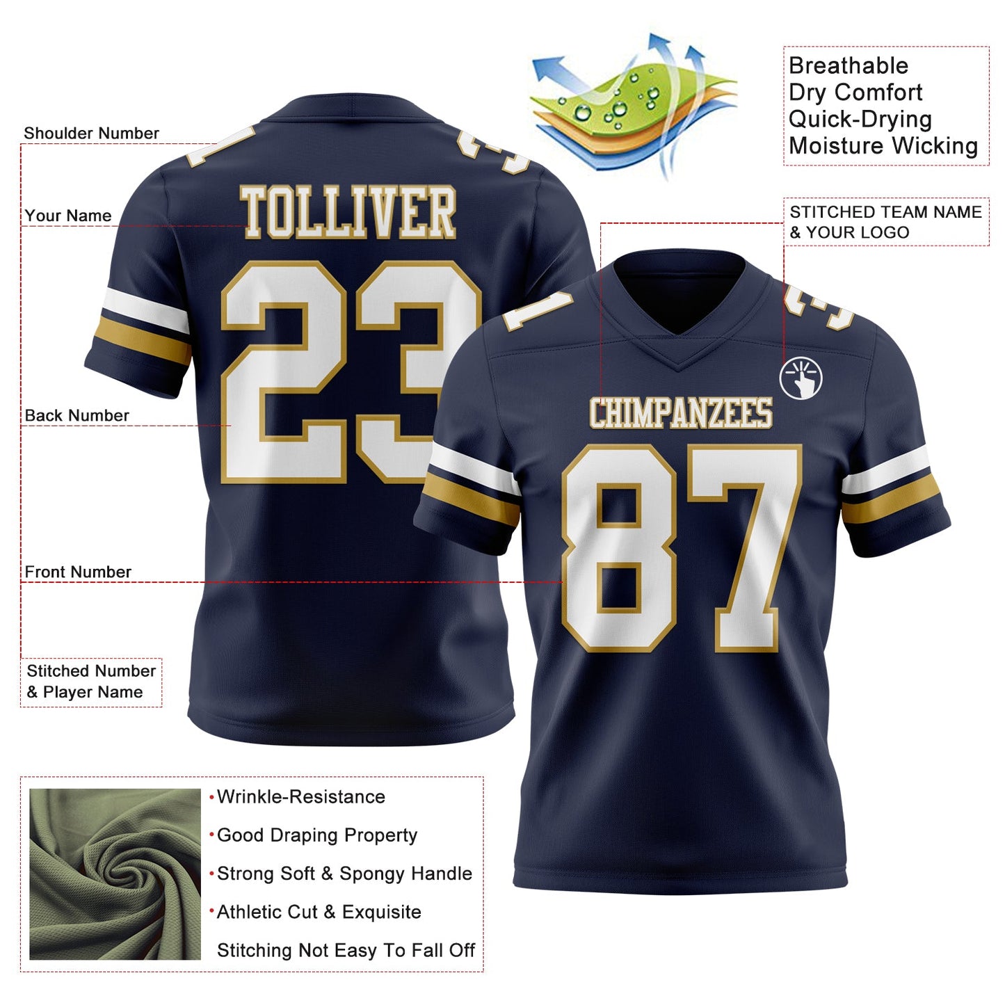 Custom Navy White-Old Gold Mesh Authentic Football Jersey