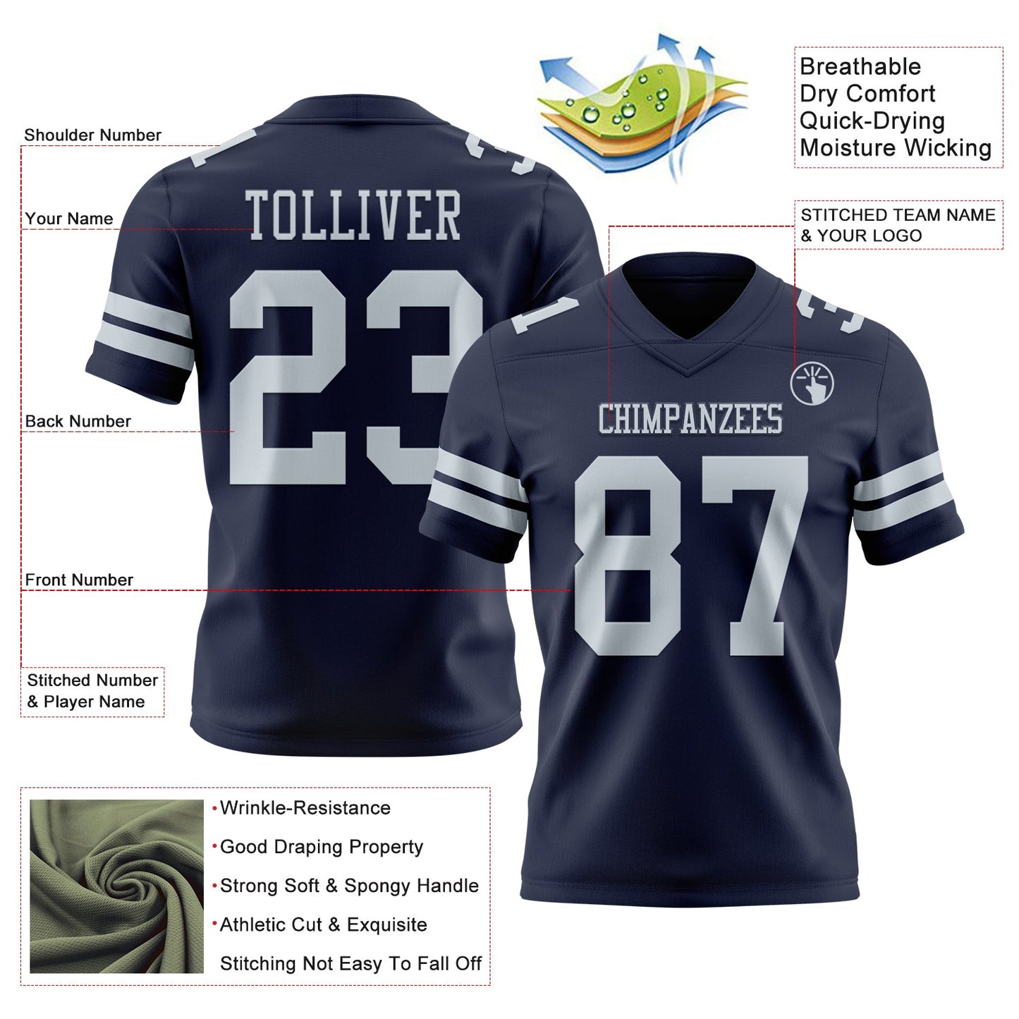 Custom Navy Silver Mesh Authentic Football Jersey