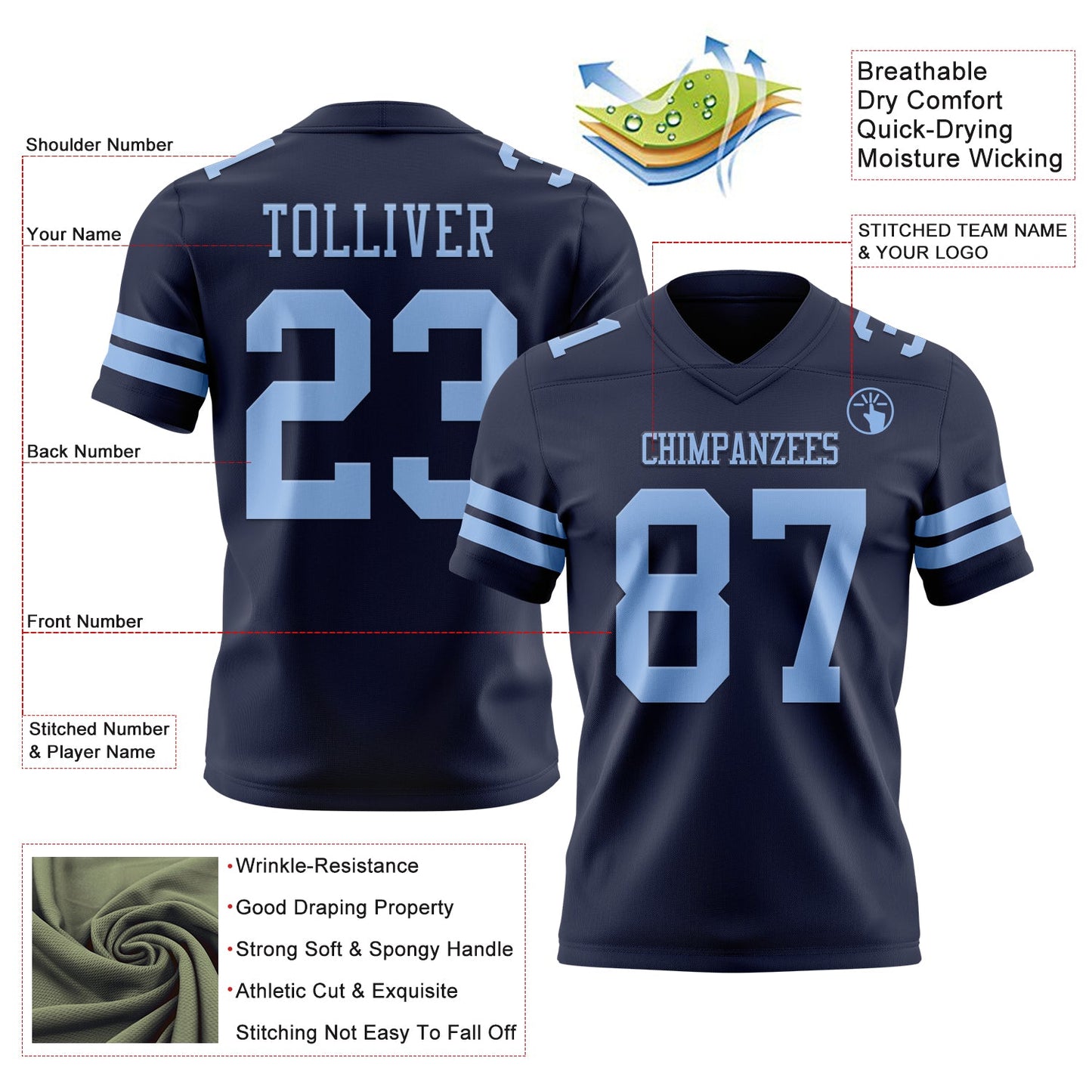 Custom Navy Light Blue Mesh Authentic Football Jersey