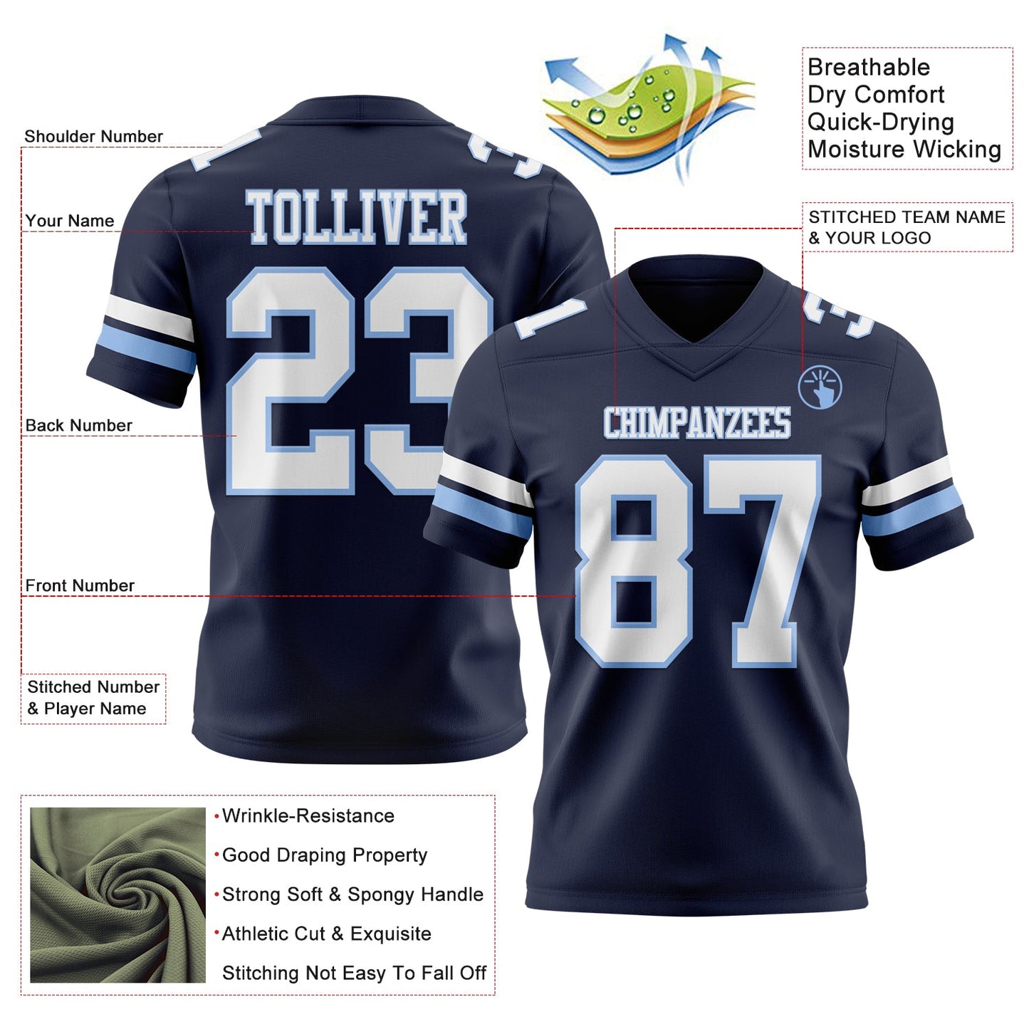Custom Navy White-Light Blue Mesh Authentic Football Jersey