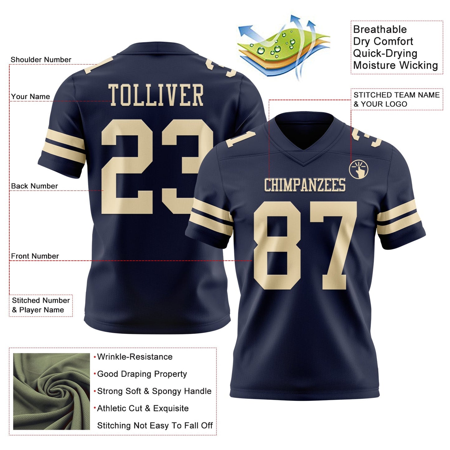 Custom Navy Cream Mesh Authentic Football Jersey
